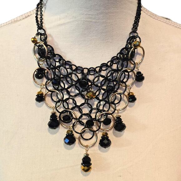 Unbranded Jewelry - Statement Bib Necklace Black Gold Tone Chainmail Beaded Dangle Faceted Beads